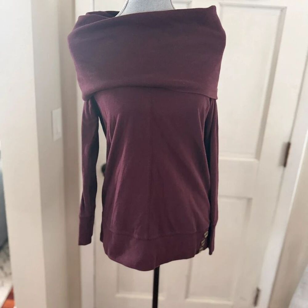 LOFT Burgundy Plum Off Shoulder Cowl Neck Tunic Top Gold Button Detail Size S